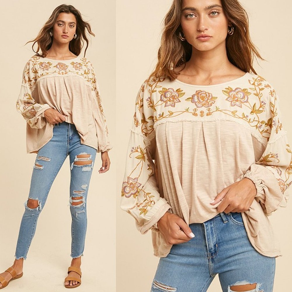 NEW Natural Floral Embroidered Oversize Blouse Top
